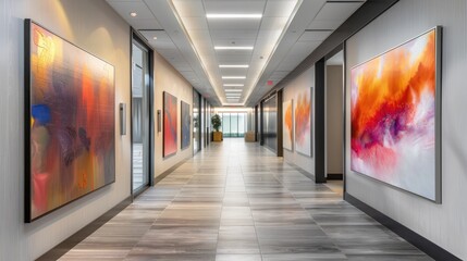 A corporate hallway with contemporary art installations, accent lighting, and motivational quotes on the walls.