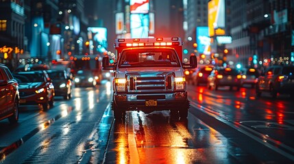 Fast-moving shot of a rescue vehicle rushing to a critical situation.