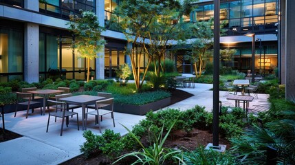 A corporate courtyard with outdoor seating, lush landscaping, and a peaceful ambiance.