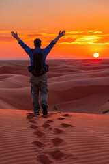 Fototapeta premium A man is walking on a sandy beach with his arms raised in the air