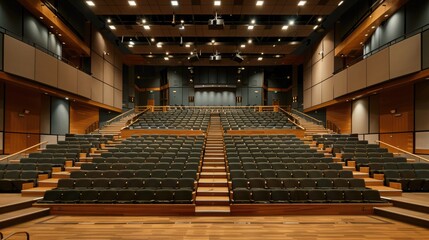 A corporate auditorium with tiered seating, a stage, and advanced audiovisual equipment.