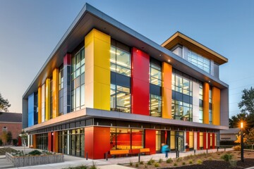 A contemporary office building with a series of colorful accent panels, adding a playful touch to the facade.