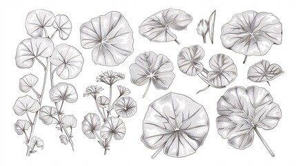 Hand-drawn monochrome illustration set featuring Centella asiatica flower leaf, perfect for graphic labels, stickers, menus, and packaging with an engraved look. - obrazy, fototapety, plakaty