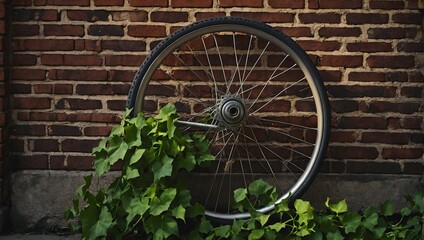 Photo of wheel of bicycle against brick wall background
