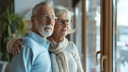 Elderly retired couple happily reminiscing and planning future together at home.