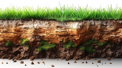 An illustration showing green grass and layers of soil, including organic matter, sand, and clay, in a cross section view. - 782831223