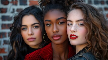 Fototapeta premium Portrait of Three Diverse Women Against Brick Wall
