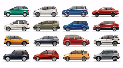 Contemporary range of compact and versatile vehicles, including hatchbacks, sedans, and SUVs, represented by individual icons on a white background.