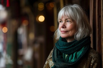 Portrait of a senior woman with gray hair and green scarf.