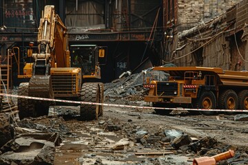 A construction site with a bulldozer and dump truck, with under construction tape strung between the vehicles.