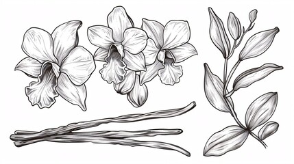 A set of Vanilla Blossoms and Stems, hand-drawn illustrations of an Orchid Blossom and seedpods on a separate background, bundled with a sketch of a spice in a linear art style created with black ink. - obrazy, fototapety, plakaty