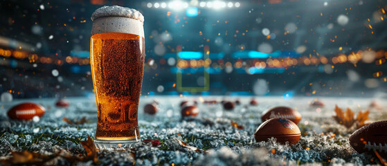 American football stadium background, cold beer in glass, festive sports theme, space for text - obrazy, fototapety, plakaty