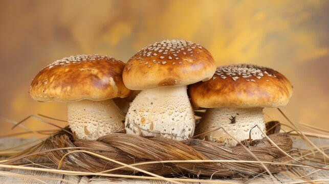 Velvet pioppini mushroom, agrocybe aegerita, on delicate pastel colored background
