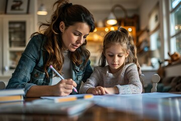 A woman assisting her child with schoolwork at home.