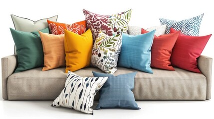A collection of decorative pillows, arranged on a sofa, adding a pop of color and comfort to the living space. Isolated on pure white background.