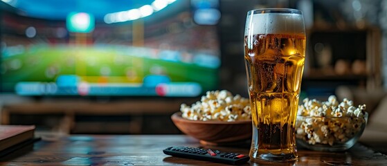 Home football viewing, beer glass, popcorn bowl, remote, TV with stadium view, copy space