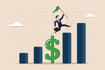 Business growth, sales increase, investment growth or profit, development concept, businessman climbing bar graph of growth or increase in income graph.