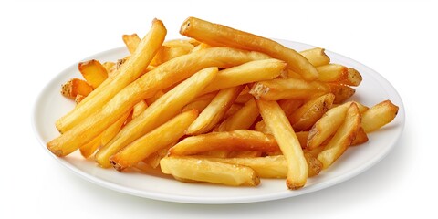 Delicious looking French fries. Salted potato fry in a white bowl on a white isolated background. Pile of frites. Golden homemade deep fried salty french fries serving on a plate. Very good chips