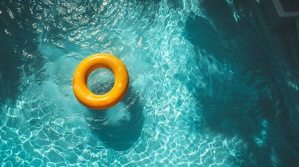 Bright yellow pool float ring drifting in crystal clear blue swimming pool water
