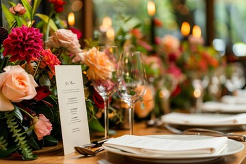 Wedding fine dining table setup, fancy menu card, luxury restaurant, wide format, space for message