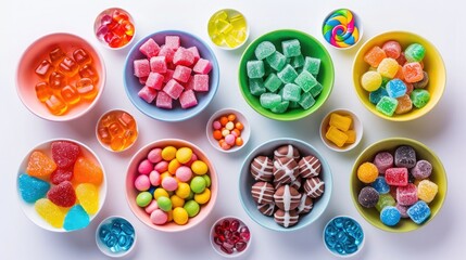 A collection of colorful candies, arranged in bowls and ready to satisfy your sweet tooth. Isolated on pure white background.