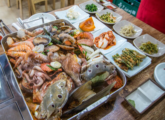 Variety of Korean seafood and other treats with large selection of choices