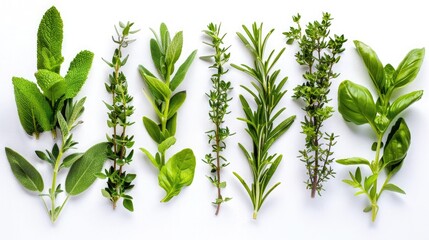 A collection of aromatic herbs, freshly picked and ready to infuse your dishes with flavor. Isolated on pure white background. - obrazy, fototapety, plakaty