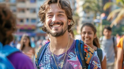 Smiling Young Man with Backpack Walking in a Crowd