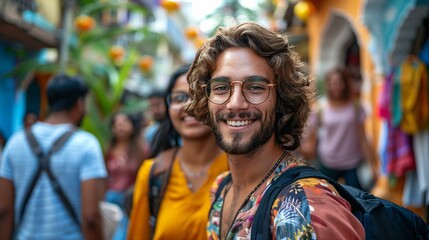 Smiling Young Man with Glasses in Urban Street Market