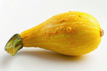 A close-up of a vibrant yellow squash, isolated on a white background, with its textured skin in sharp focus.
