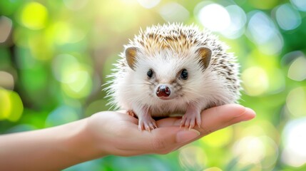 Close up of a cute hedgehog being gently cradled in hands with a soft blurred background