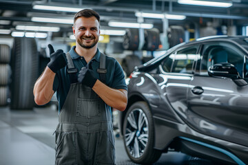 A male mechanic giving thumbs up smiling looking at camera with happy expression and satisfied with car repair service giving thumbs up in tire shop