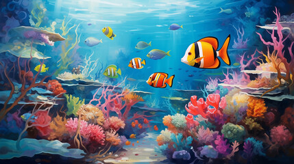 Fototapeta na wymiar A vibrant coral reef bustling with colorful tropical fish, illuminated by dappled sunlight filtering through the crystal-clear waters.