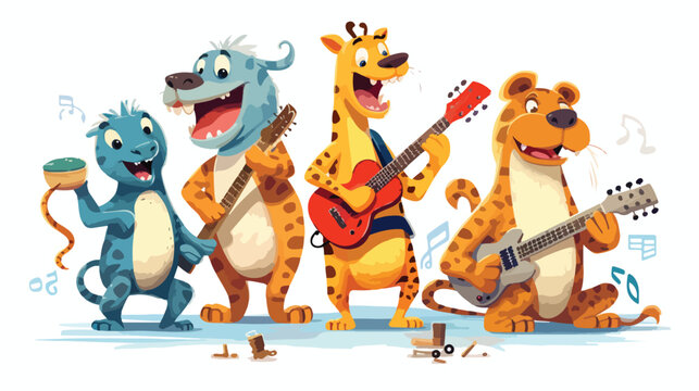 Cute animals playing musical instruments flat illus