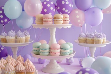 A charming display of pastel-hued macarons and dainty cupcakes arranged on a tiered stand, accented by whimsical polka dot balloons against a dreamy lavender backdrop.