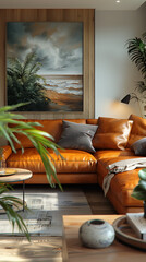 Vertical image of a modern living room with large paintings above a leather sofa. Interior with a modern and elegant design, canvas. Image for social media or vertical posters.