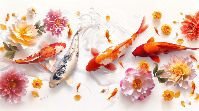 Koi fish and flowers isolate on white background. AI Generative.