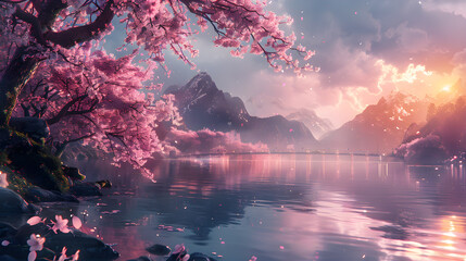 Dreamlike cherry blossoms with beautiful sunset