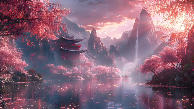 Dreamlike cherry blossoms with Asian traditional buildings  