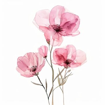 Abstract pink flowers minimal floral watercolor isolated on white background