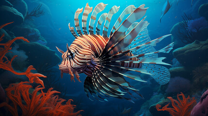 Fototapeta na wymiar A majestic lionfish gracefully gliding among swaying sea fans and intricate coral formations in the depths of the tropical sea