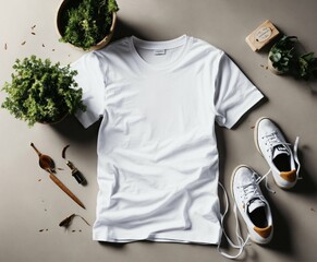 Blank white t-shirt mockup flat lay background pinterest style