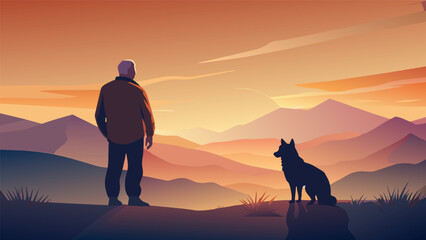 The silhouette of a senior man and his faithful dog against the backdrop of a stunning golden sky showcasing the bond between human and animal - obrazy, fototapety, plakaty