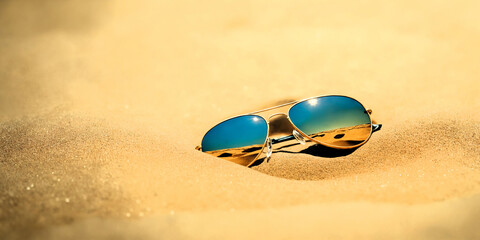 Sunglasses in summer beach sand, travel, tourism, recreation, copy space area