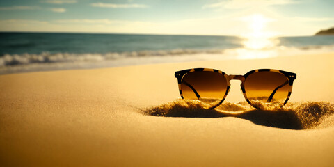 Sunglasses in summer beach sand, travel, tourism, recreation, copy space area