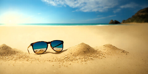 Sunglasses in summer beach sand, travel, tourism, recreation, copy space area