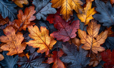 Naklejka na ściany i meble Bright autumn leaves form a colorful mosaic of red, yellow, orange and purple, signaling the changing of the seasons.