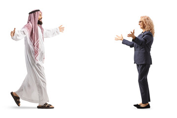 Full length profile shot of a saudi arab man meeting a woman