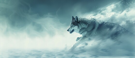 A powerful wolf sprinting across a snowy landscape, leaving a trail behind. Copy space.