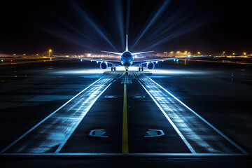 Silhouette of an airplane on the runway at night in bright blue rays of light. Generative ai